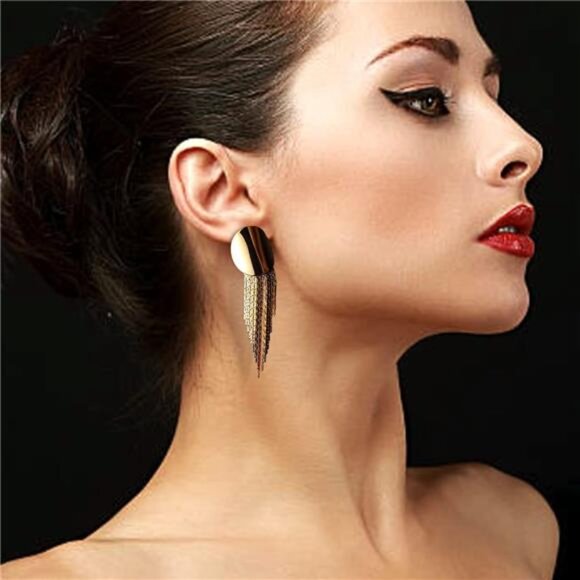 Gold Tassel Dangle Earrings | Vintage Retro Black Disc Statement Jewelry - Picture 3 of 7